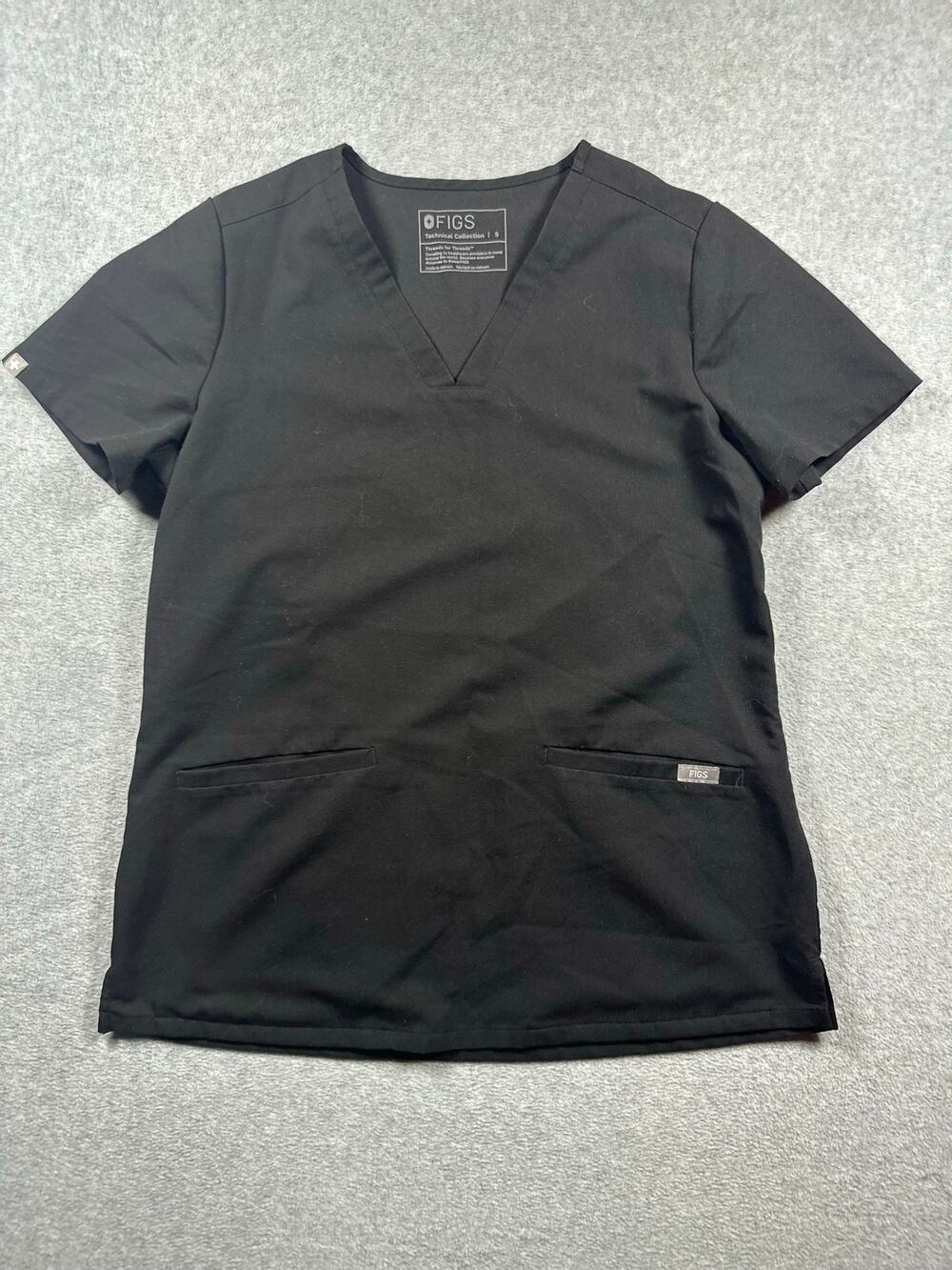 FIGS Technical Collection Medical Scrub Top Women's Small Black V-Neck 2-Pockets